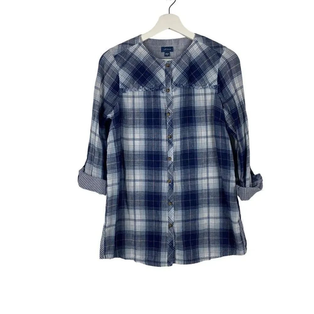 J. Jill XS Blue Plaid Button Down Top Fringe Roll Tab Sleeve
